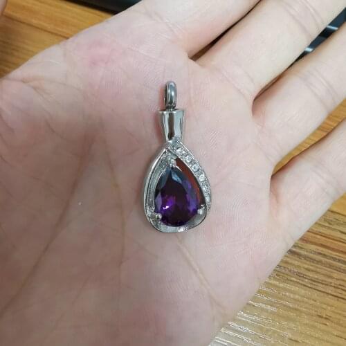 Cremation Jewelry for Human/ Animal Ashes Keepsake Pendant Purple Stone Newest Teardrop Urn Necklace Stainless Steel