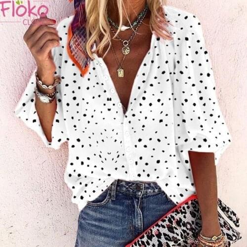 Flokocloset Summer Polka Dot Print V-Neck Button Women Shirt Casusal Turn-down Collar Office Lady Blouse
