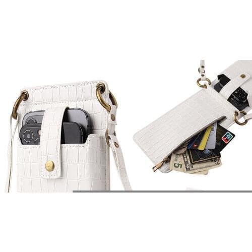 Women Mini Bag Solid White Vertical Shoulder Crocodile Pattern Coin Card Purse Mirror Mobile Phone Bag Lady Small Leather Bags