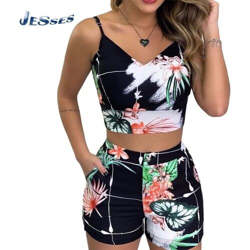 2021 Ladies Fashion Summer Sling Slim Top And Elasticity Short Hot Style Plant Flower Printed Vacation Suit Women Shorts Outfits