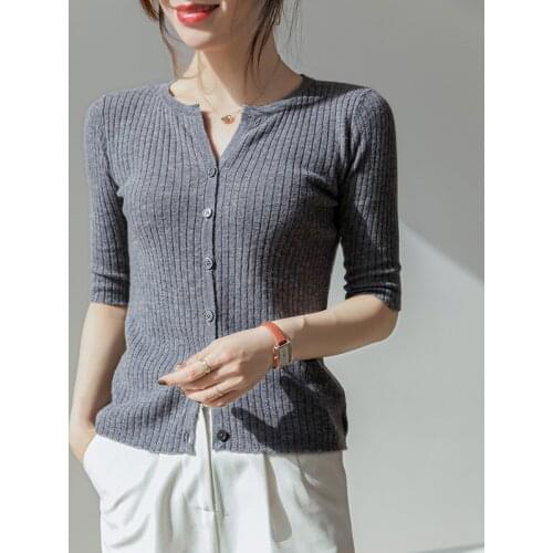 Spring Newly Elasticity Women Cardigans 2021 Fashion Slim Ladies Solid Knitted Sweater Short Sleeve Buttons Jacket