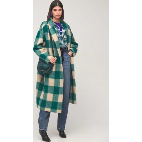 Womens Coat 2021 Autumn All-match Green Plaid Woolen Coat Commuter Fashion Long Coat