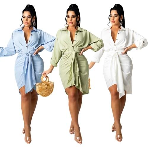 Women Chic Button-up Draped Midi Shirt Dress Solid Color Three Quarter Sleeve With Sash Female Dresses Vestidos Clothings 2021