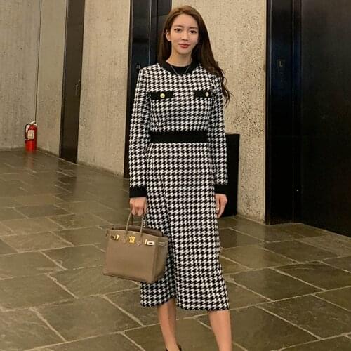 Women High Quality Geometric Knit Dress Autumn Winter Slim Long Sleeve Sweater Dress A-line Soft Warm Pullover Vestido