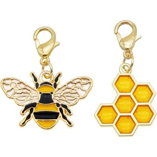 Julie Wang 4PCS Enamel Yellow Bee Honeycomb Charms With Lobster Clasps Pendants Alloy Keychain Jewelry Making Accessory