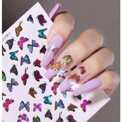 1 Hoja De Pegatinas Adhesivas Para Manicura, Color Láser, Mariposa, Gradiente 3D 3d Nail Stickers Nail Art Sticker Decorations