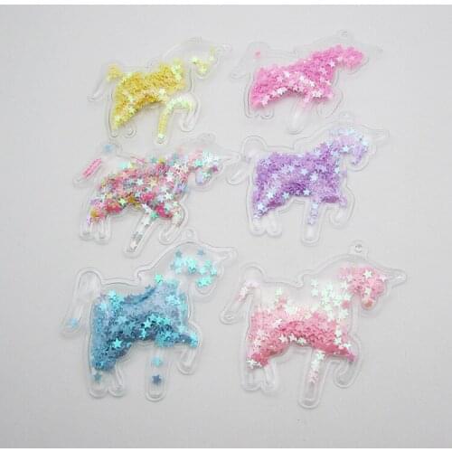 12pcs/lot 7.5*7cm PU Unicorn Transparent Bling bling Star Flowing Patches Appliques for DIY Children Hair Clip Accessories