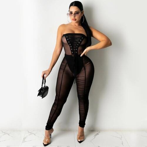 Adogirl Fashion Mesh See Through Bodycon Jumpsuit Women Summer Sexy Stacked Outfits Evening Night Club Y2K Party Romper