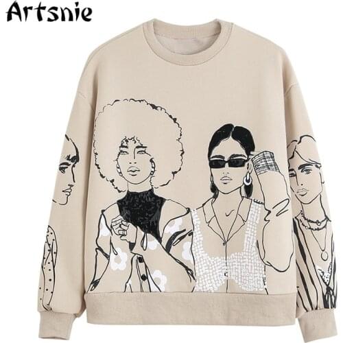 Artsnie Streetwear Character Print Sweatshirt Women Winter O Neck Long Sleeve Oversized Hoodies Knitted Khaki Casual Sweatshirts