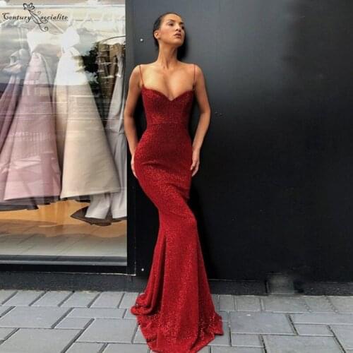 Shiny Burgundy Mermaid Evening Dresses Long Sequined Spaghetti Straps Zipper Back Sexy Formal Gowns Prom Dresses Robe De Soiree