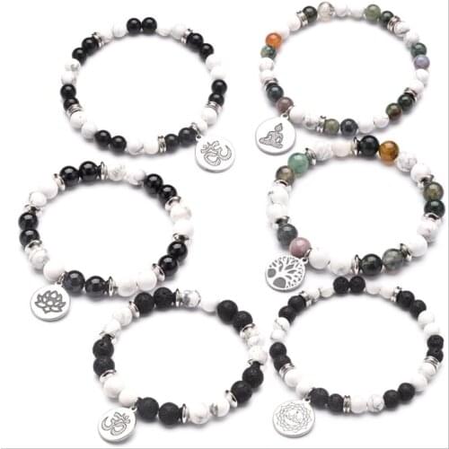 Stainless Spacer 8mm Colourful Natural Stone Beads Bracelets Tree of Life Yoga Charms Bracelet for Women Men Strench Jewelry