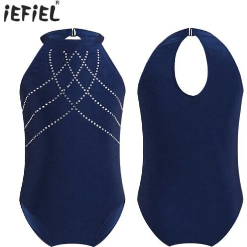 Kids Girls Ballet Leotard Halter Neck Sleeveless Dance Gymnastics Leotard Crystal Adorned Dance Bodysuit Performance Dancewear