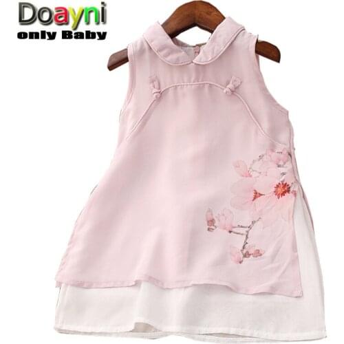 Doayni Baby Girls Cheongsam Dress,New Arrival Turn-down Collar Chinese Vintage Print Flower Double Layered Children Clothing
