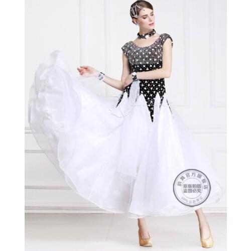 Elegant customize black white short sleeve rhinestone Fox trot Waltz tango salsa competition ballroom dance dress