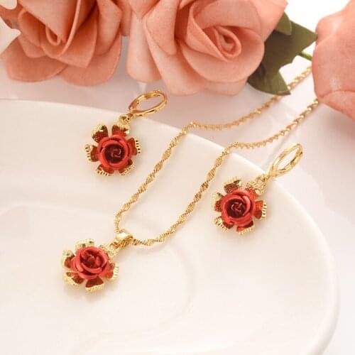 Fine Gold G/F leaf red flower bright-coloured women Jewelry Sets Europe Wedding Gift Dubai pendnat earrings diy charms