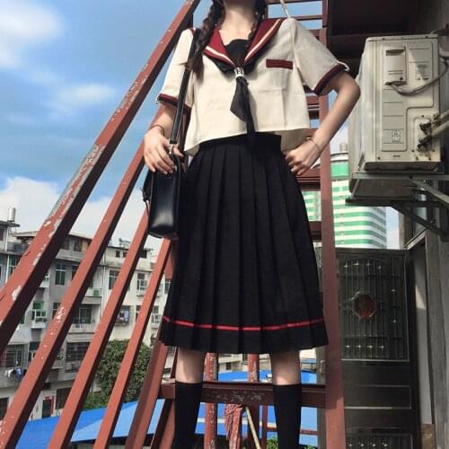 Japanese Kawaii Soft Girl Vintage Sailor Collar Splicing Short Sleeve Shirt Sweet Pleated Black Skirt Jk Uniform Two-piece Suit