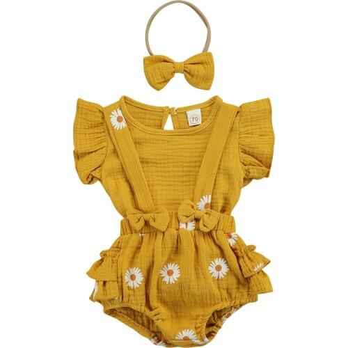3 Pcs Girls Babys Sets Solid Color Fly Sleeve Round Neck Pullover+Daisy Print Suspender Pants+Bowknot Headband for 0-18M