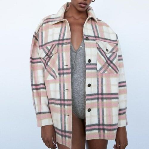 2021 Loose Turn Down Collar Elegant Front Pockets Plaid Coats Tops Women Fashion Single Breasted Jackets Female Outer Clothing