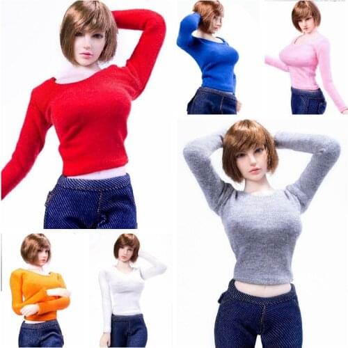 Best Sell 1/6 Scale Doll Costume MM01 Womens Long-sleeved Round Neck Bottoming Shirt T-shirt Multicolor Figuers