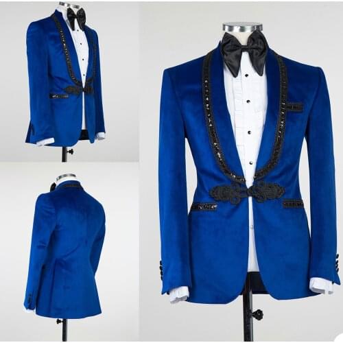 Blue Velvet Mens Suits Black Sequins Groom Wedding Blazer Tuxedos Formal Business Prom Pants Coat Jacket 2 Pieces