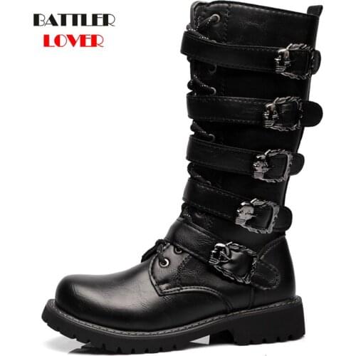 Knee High Men Boots Plus Size 37-46 Leather Equestrian Men Motocycle Boots Punk Skulls Bandage Shoes Mens Winter Cotton Lining