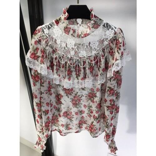 New Ladies Fashion 2021 Long Sleeve Sexy Chiffon Beaded Tassel Printed Shirt 0119