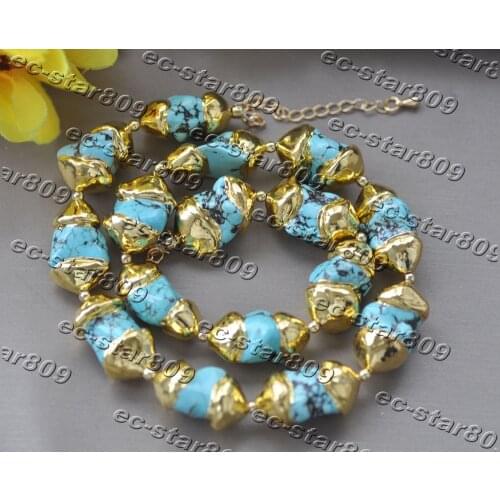 Z11167 18" 25mm Blue Baroque Turquoise Bead Gold Plating Necklace Choker