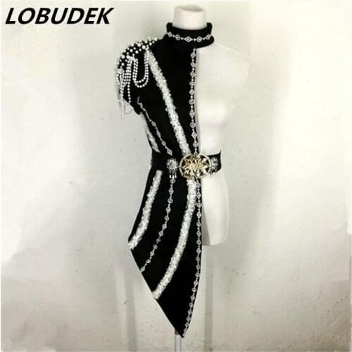 Sexy Black Red Sequins Beading One-sided Dress Stage Wear Women Dance Costumes Singer DJ Jazz Performance Clothes Nightclub Wear