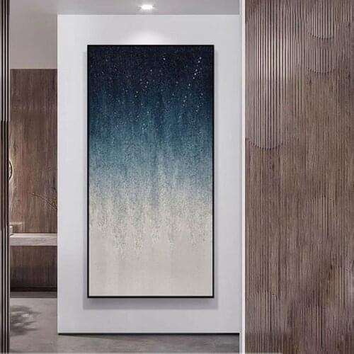 Hand Painted Abstract Oil Painting Wall Art Blue Gold Foil Minimalist Modern On Canvas Decorative For Living Room No Frame