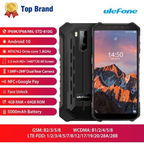 Ulefone Armor X5 Pro Waterproof Mobile Phone Rugged NFC 4G LTE 4GB+64GB Smartphone Android 10.0 CellPhone Octa-core Processor