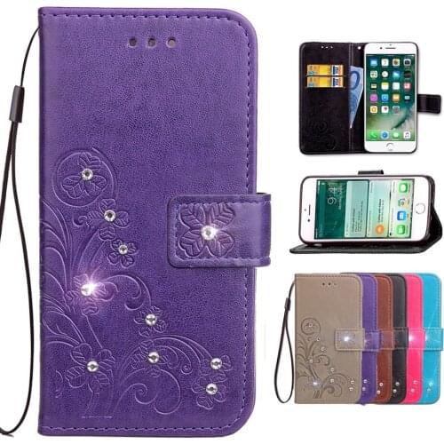 Sunjolly PU Leather Phone Case for Sony L3 Grass Rhinestone Flip Wallet Card Slot Cover with Lanyard coque for Sony Xperia L3
