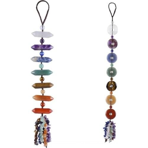 TUMBEELLUWA 7 Chakra Stones Circle/Hexagonal Point FengShui Hanging Ornament Healing Tumbled Stones Tassel Car Window Home Decor