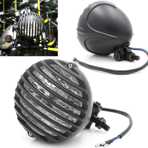 Universal Motorcycle Scalloped Headlight Black Finned Grill Headlamp For Harley XS650 CB750 TRI Cafe Racer Bobber Chopper