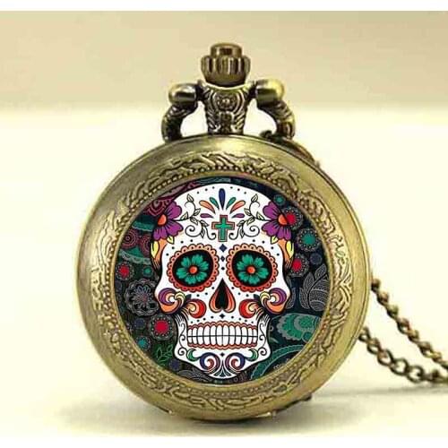 Antique bronze vintage Skull skeleton pocket watch Necklace skull quartz watch sugar skull necklace watches chain steampunk mens