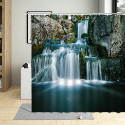 Rock Waterfall Landscape Scenery Shower Curtain Mountain Jungle Green Trees Natural View Bathroom Curtains Home Washable Fabric