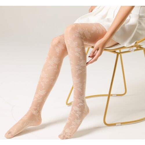 Jacquard Flower Patterned Fashion Transparent Tights Collant High Flexiable Chic Pantyhose White Color Womens Lingerie Stockings