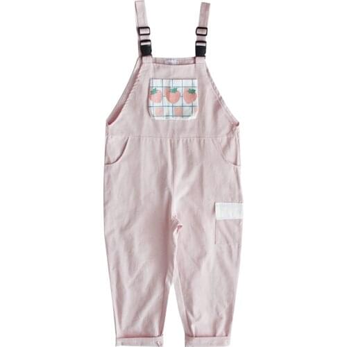 Japan Harajuku Full Length Jumpsuits For Women Female Adorable Rompers Cute Girl Casual Pants Strawberry Print Cotton Trousers