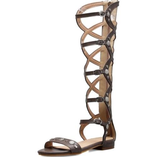 2021 Summer New Buckle Roman Boot Flats Ladies Sandals Soft Bottom High Tube Cool Plus Size 33-46 Casual Leather Long Sandals