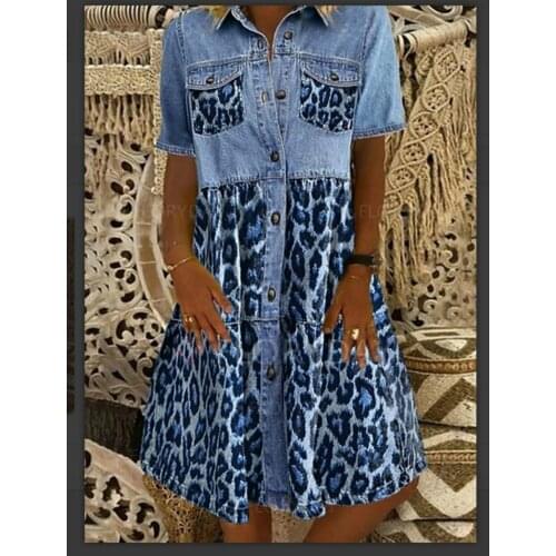 Women Denim Dress Short Sleeve Leopard Turn Down Collar Pockets A Line Denim Dress Single-breasted A Line Denim Dress