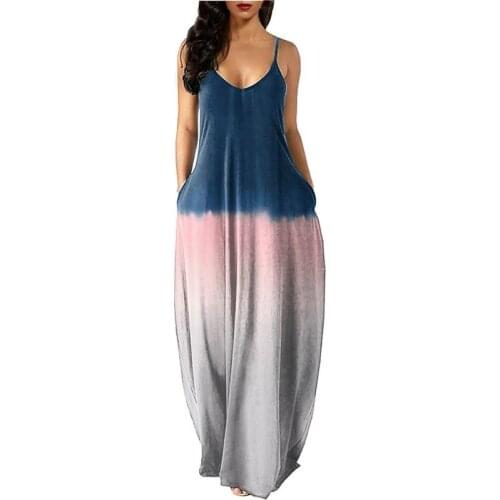 2021 Boho Style Dress Gradient Color Print Dress Ladies Summer V-neck Sleeveless Loose Long Dress Pocket Beach Suspender Dress