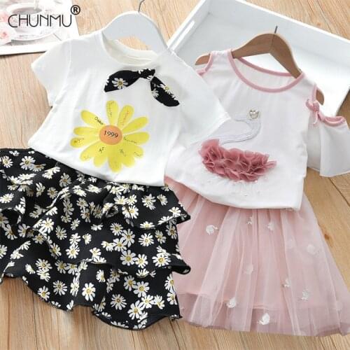 2021 New Girls Clothes Summer Kids Swan Strapless T-shirt+Lace Dress Sets Casual Summer Girls Set Children Clothing