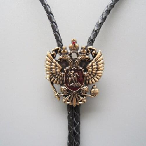 Original Antique Gold Russian Double Headed Empire Eagle Rhinestone Bolo Tie Necklace Neck Tie