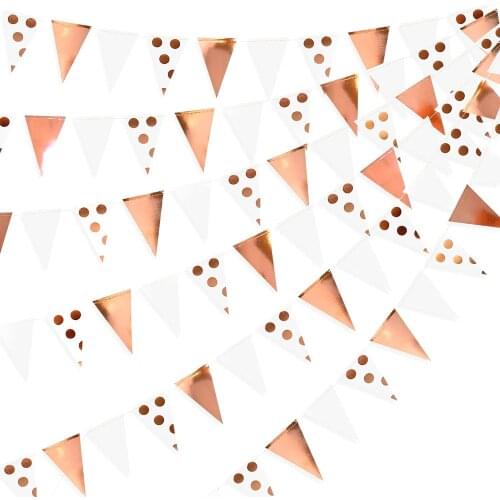 3 Meter White Rose Gold Foil Polka Dot Pennant Banner Paper Triangle Flag Garland Streamer for Wedding Bridal Shower Decorations
