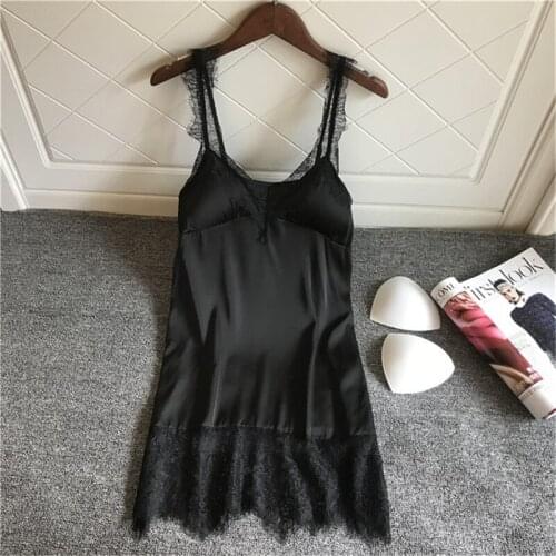 Black Sexy Sleepwear Women With Chest Pad Deep V Backless Nightdress Sling Sexy Lace Nightwear fashion party dress 2020 new