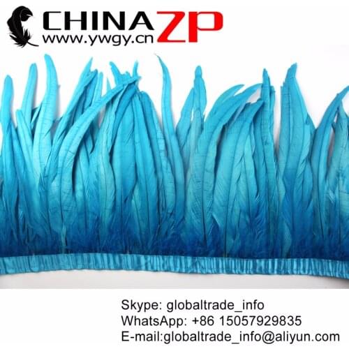 CHINAZP Factory Wholesale Retails Sale 12-14 inch Width Turquoise Dyed Rooster Tail Feather Fringe Trim for Carnival Costume