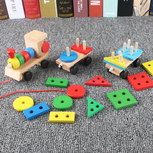 Wooden train toy montessori toy building blocks shape matching educational game for Boys Girls 2Y+ Baby Stacking Train Block
