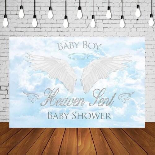 Boy Baby Shower Backdrop Baby Boy Heaven Sent Babyshower Party Banner Blue Background Wings Studio Photo Celebrating Decorations