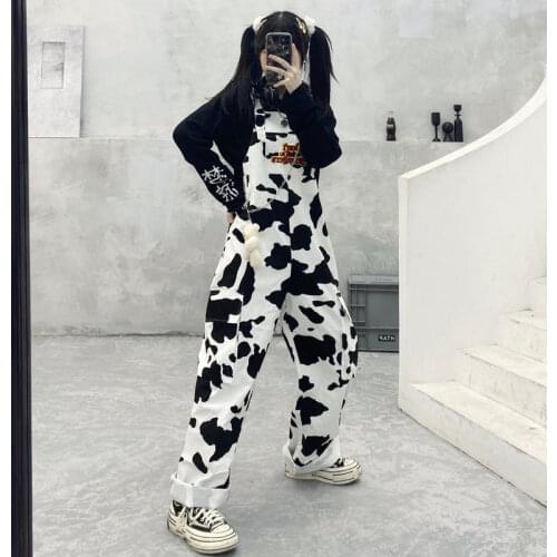 Hip-hop Overalls Hippie Cow Print Jumpsuits Streetwear Harajuku Cow Patterned Trousers Casual Baggy Wide Leg Pants Cartoon Pants