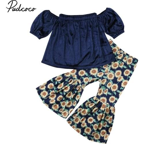 2PCS Toddler Kids Girl Clothing Set Off shoulder Tank Tops +Sunflower Bell Bottom Trouser Outfits Children Summer Clothes