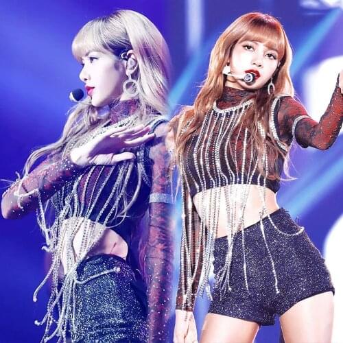 Kpop Korean Jazz Dance Long Sleeve Bottoms Shirt Rrhinestone Tassel Mesh Waistcoat Tops+Black Sexy High Waist Shorts Women Sets